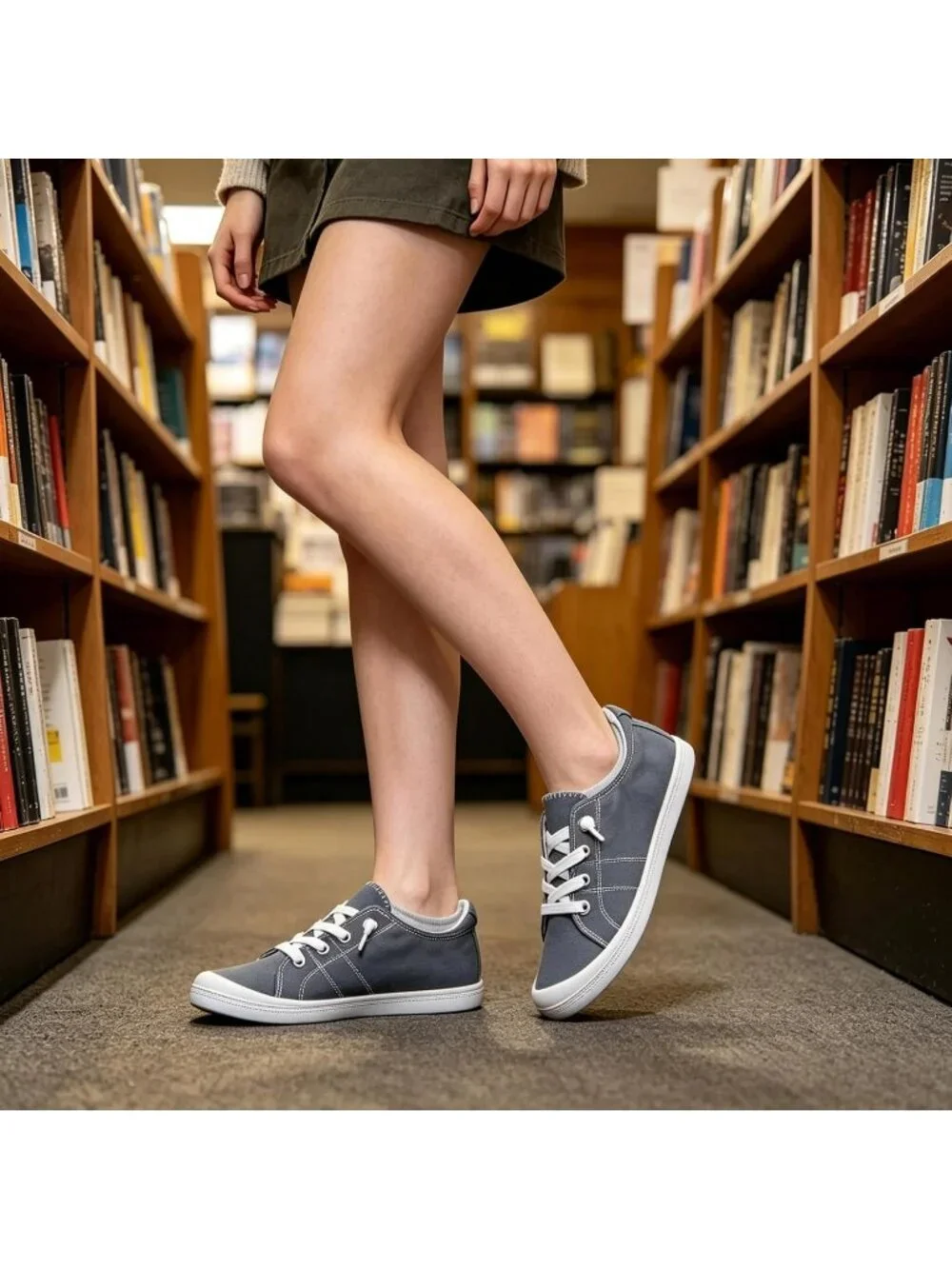 Women's Grayish Blue Canvas Low Top Classic Non Slip Rubber Outsole Flat Sneaker